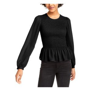 LEYDEN Womens Top Peplum Black Long Sleeve Jewel Neck Wear To Work Juniors L